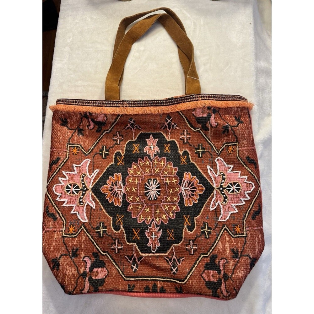 A&P Denim Large Multicolor Boho Southwestern Embroidered Tote Bag Shopper Suede